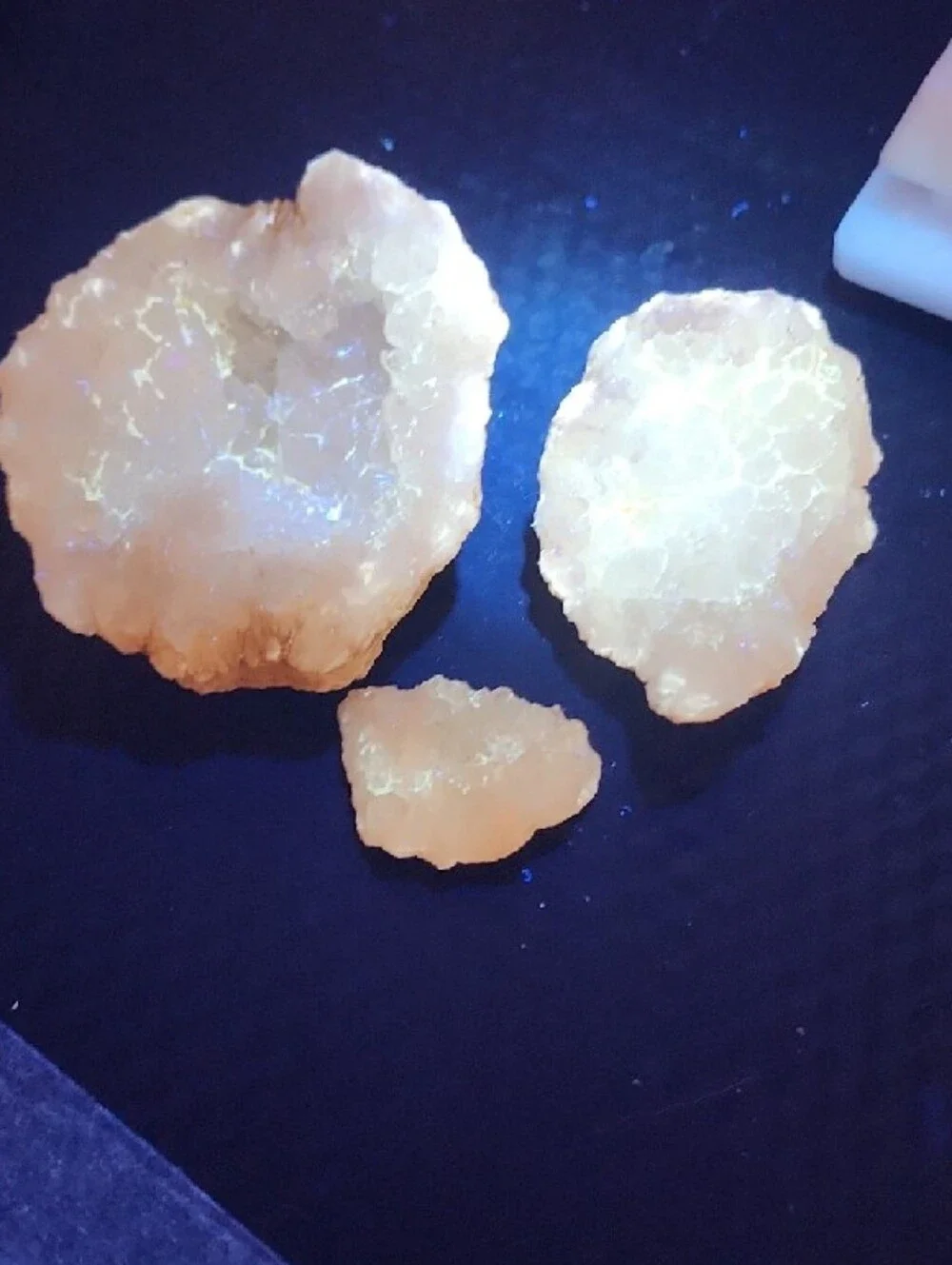 Quartz White Crystal Geode Trio Decorative Set with UV Highlights From Calcite